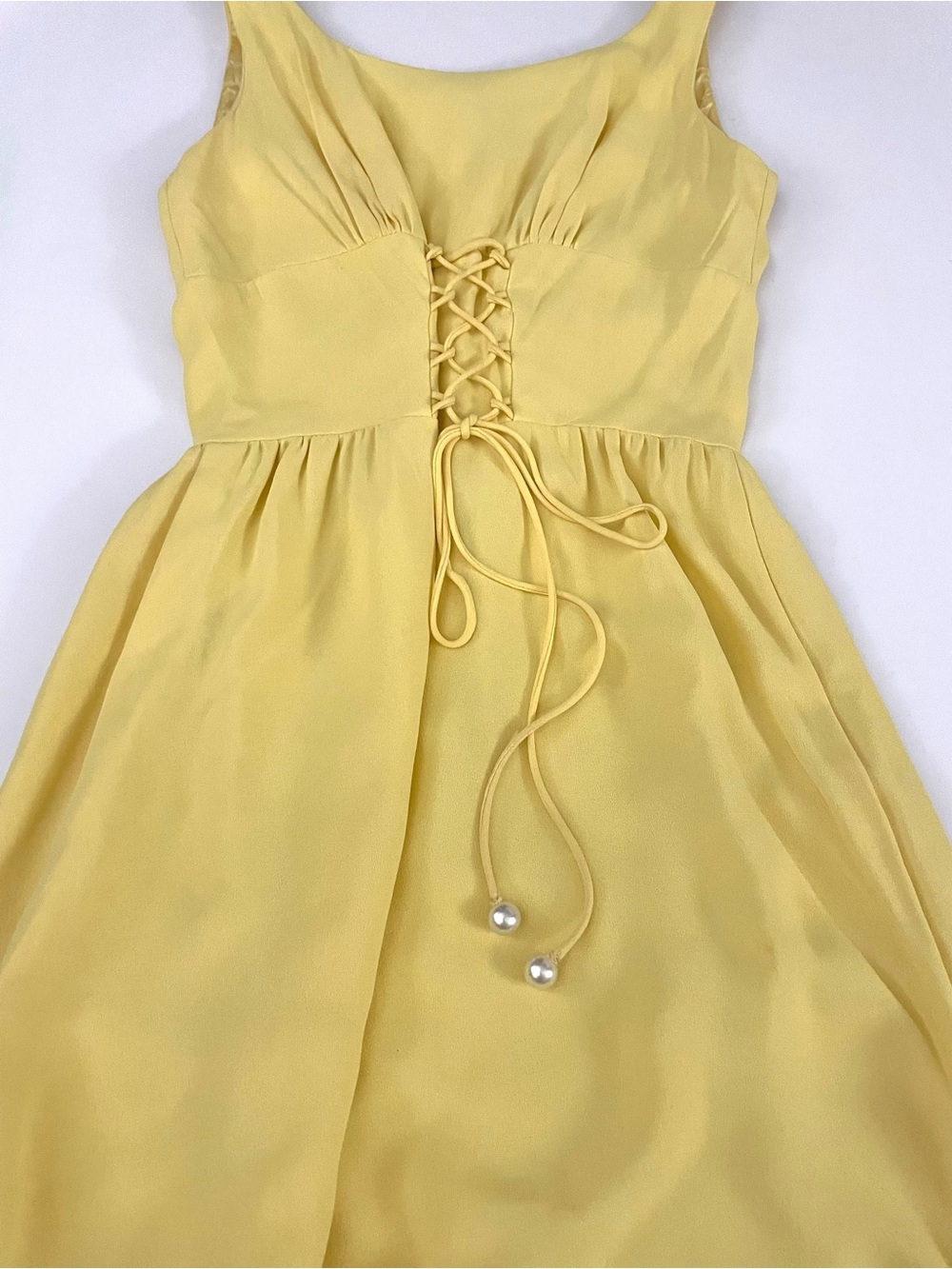 Vintage 60s Lemon Yellow Lace Up Corset Waist Dress Sleeveless Fit & Flare - Picture 4 of 16